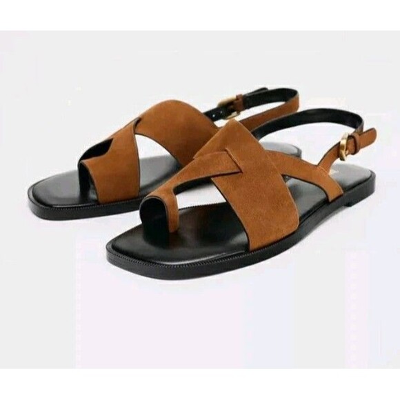 Zara Nwt Suede Leather Slide Strappy Sandals Toe Loop Metal Buckle Size 6 Brown - Picture 1 of 13